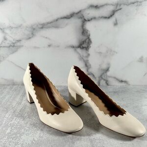 Chloé Block Heel Scallop Pumps Cream Leather Size 40- fits 9.5